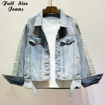 

Plus Size Harajuku Sequined Long Sleeve Bomber Jeans Jackets 4XL Women Streetwear Punk BF Short Denim Coat Outwear