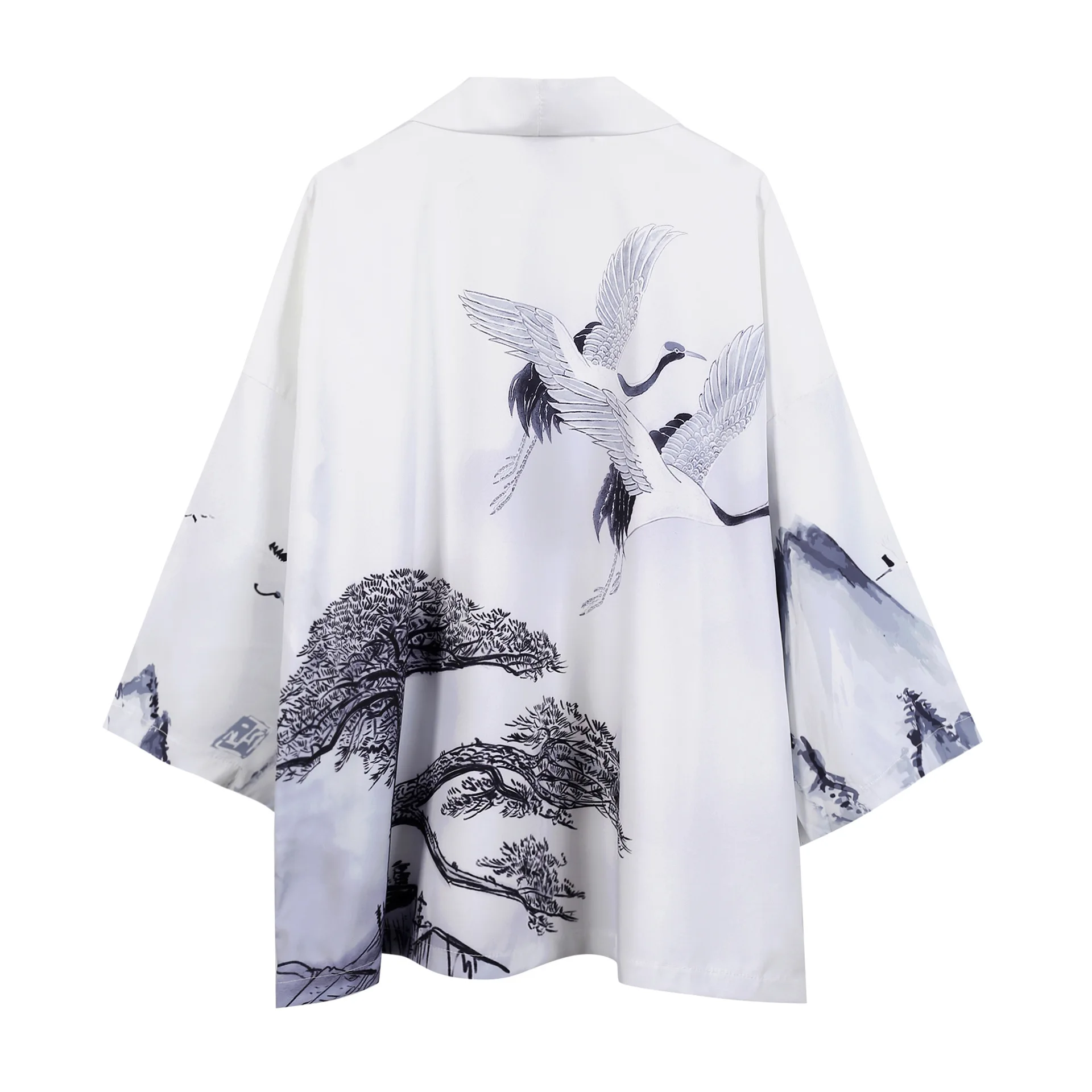 Традиционная мужская Японская одежда Восточный журавль Харадзюку кимоно платье Цветок юката Самурай хаори Повседневная Свободная рубашка кардиган - Цвет: White 2