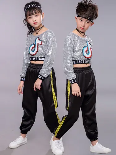 New Children Modern Jazz Dance Hip Hop Costume Boys Girls Sequined Cheerleading Performance Clothes Stage Wear Silver black pants