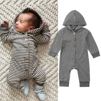 

Toddler Fall Winter Baby Rompers Infant Boys Girls Stripe Hooded Jumpsuits Fashion Infant Botton Soft Outfits Baby Child Clothes