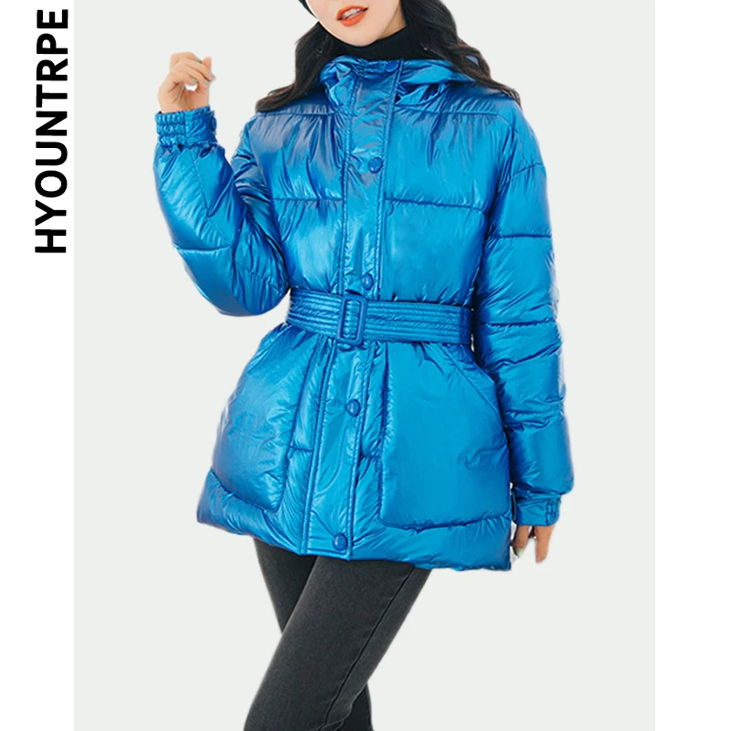 

Winter Bright Jacket Parka Women's Warm Zipper Single Button Parkas with Belt Hooded Coat Fashion Autumn Winter Bomber Outerwear