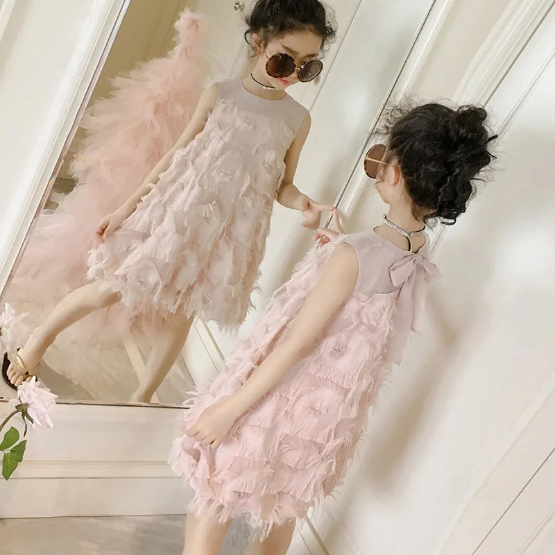 Summer Girls Dress Princess Style Back Bow Feather Chiffon Mesh Teens girls dress princess costume kids clothes for 5 7 9 11 13 Years Big Children