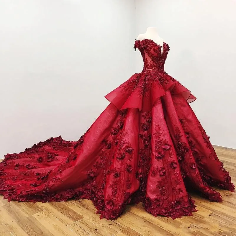 

Sweet 16 Dark Red Quinceanera Dresses Off The Shoulder 3D Floral Applique Girls Ball Gown Pageant Gowns Formal Party Dress