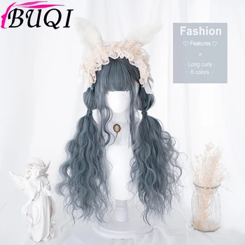 

BUQI Heat Resistant Ombre Blonde Black Brown Purple Grey Dark Blue Cosplay Lolita Wigs With Bangs Long Wavy Synthetic Hair Wig