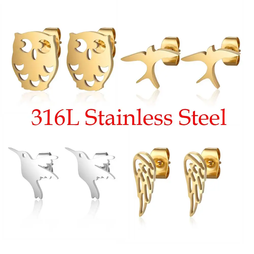 316L серьги-гвоздики из нержавеющей стали с изображением Ночной Совы, гудящей птицы, Ласточки для женщин, Прямая поставка, простые ювелирные изделия, подарок, никогда не тускнеет