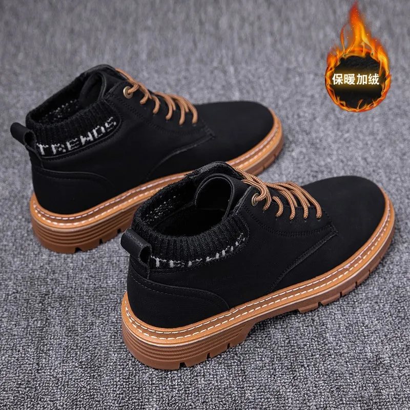 Black-Velvet Зимние теплые мужские ботинки Нескользящие походные ботинки сохраняющие тепло мужские полуботинки из натуральной кожи на плоской подошве* 1912-1 - Цвет: Black-Velvet