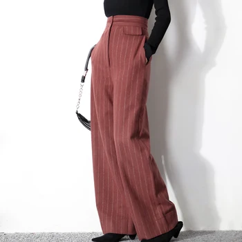 

LANMREM can ship 2020 New High Waist Thickening Width Stripe Wide Leg Pants for WomanTemperament Trousers with pockets YJ076