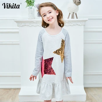 VIKITA Kids Dresses for Girls Costume Long Sleeve Cotton Princess Dress Children Clothes Reversible Sequined Baby Girls Dress 1