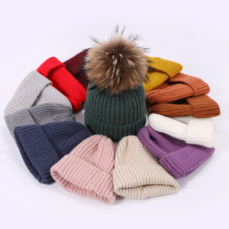 Knitted Pompom Skullies Beanies Hat Scarf Set For Children Winter Wool Real Fur Pompon Warm Cotton Hat Outdoor Hat and Scarf Set