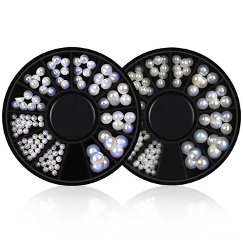 

1 Box Flatback 3D Nail Art Decoration White Peal Beads in Wheel Mixed Size AB Rhinestones Manicure Decor DIY Nail Accessories