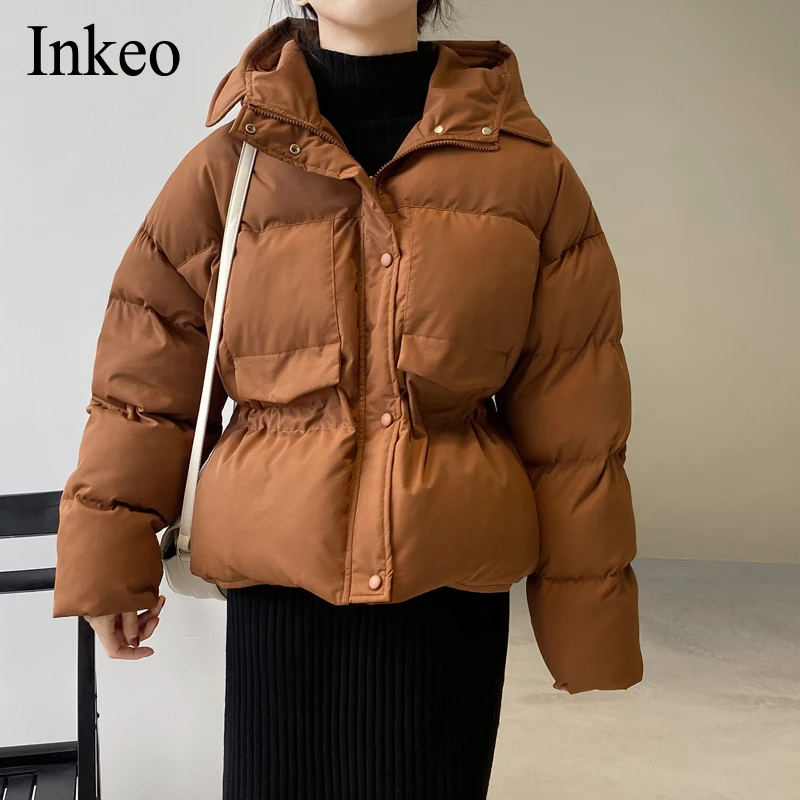 

Winter Women Short Parkas Casual Thicken warm hooded padded jackets Female solid outwear snow Coat 2021 Camel Chic INKEO 9O083