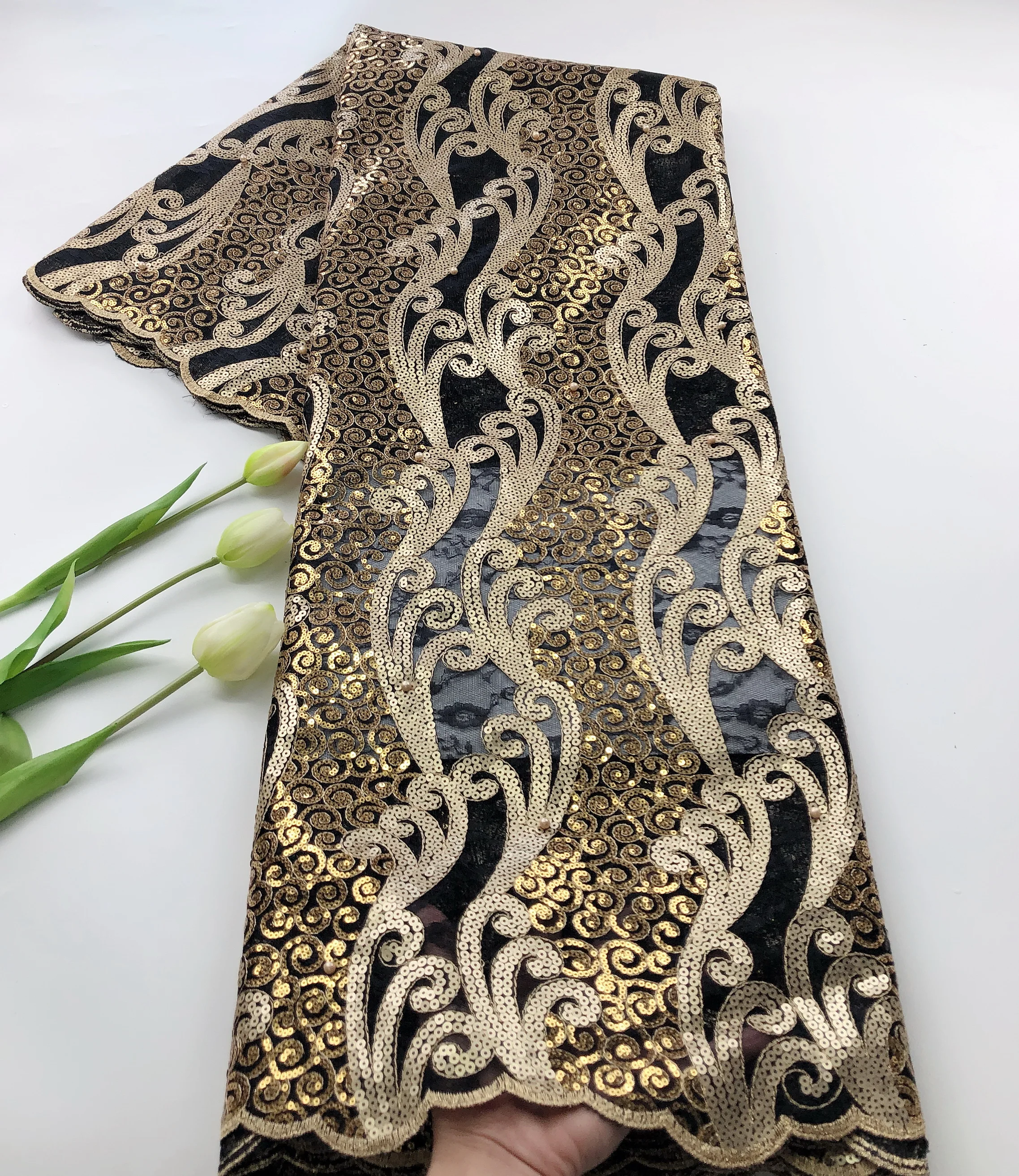 

African Sequins Net Mesh Lace Fabric High Quality Lace 2020 Gold Double French Tulle Lace Nigerian Bead Lace Fabrics For Wedding