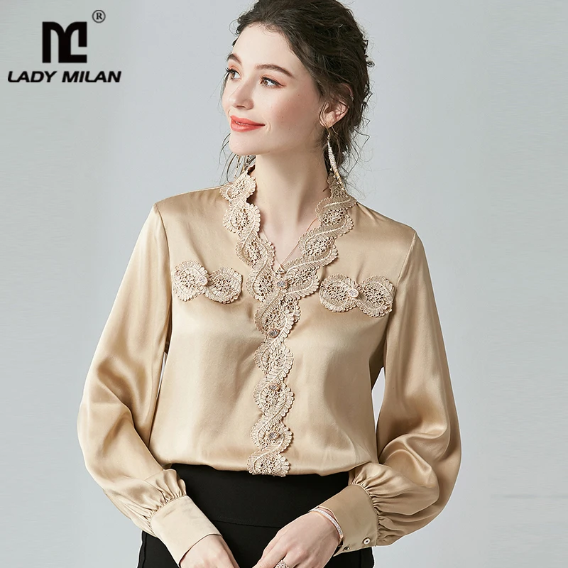 

100% Pure Heavy Silk Women's Runway Shirts Sexy V Neck Long Sleeves Appliques Floral Elegant Pullover Blouse Shirt