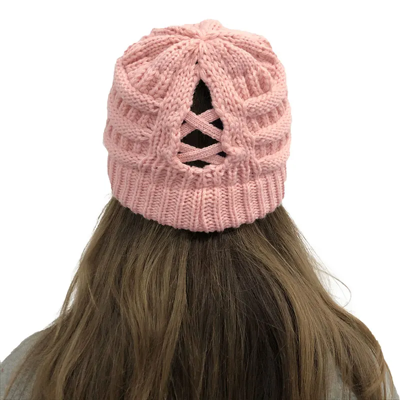 New Adult Women's Hats Wool Knitted Hat Autumn Winter Warm Brand Skullcap Female Cross Ponytail Cap Skullies Beanies 3
