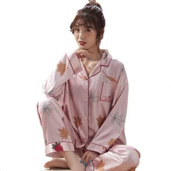 

New Spring Satin Silk Women Pajamas Set Printed Pijama Long Sleeve Turn-down Collar Cardigan Womens Sleepwear Casual Soft Pyjama