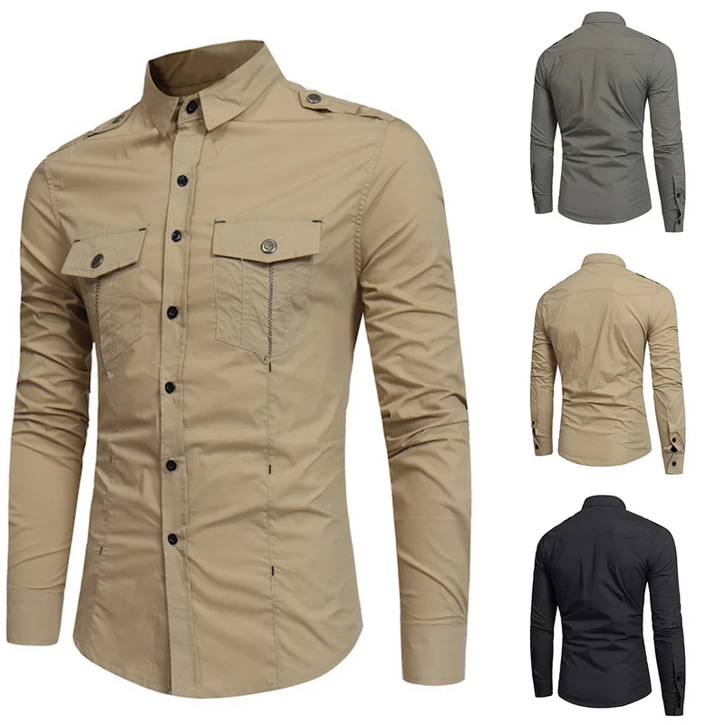 

Shirt Men Cotton Solid Long Sleeve Shirt Casual Pockets Chemise Homme Autumn Slim Fit Camisa Masculina Top Shirts