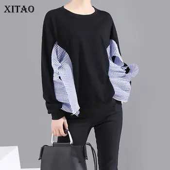 

XITAO Striped Ruffle Sweatshirt Fashion New 2020 Spring Pleated Elegant Goddess Fan Pullover Patchwork Loose Sweatshirt DMY2147