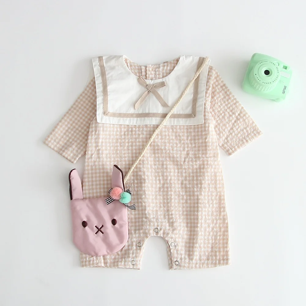 Одежда для малышей от 0 до 3 лет г. Летние костюмы с ушками кролика для маленьких девочек комбинезоны для маленьких мальчиков клетчатая Одежда для новорожденных без рукавов - Цвет: B93H07 Pink