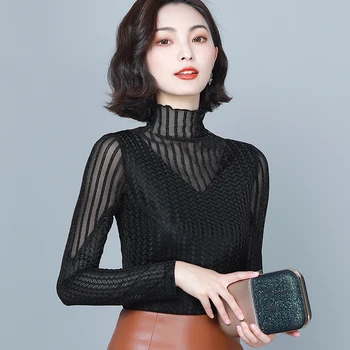 

New 2020 Autumn Long Sleeve Women's T-shirts Fashion Casual Turtleneck Mesh Tops Plus Size Lady Tshirts Black Blusas
