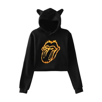 

Sweatshirt Womens Hoodies Pullover Fire Flame Rolling Tongue Lips-printes Crop Top Hoodie Kawaii Clothes Autumn Black White Top