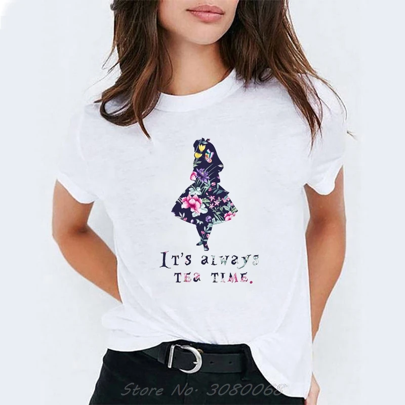 

Plus Size Summer Vogue T Shirt Women We Are All Mad Here Alice In Wonderland Cheshire Cat Print Short Sleeve Tshirt