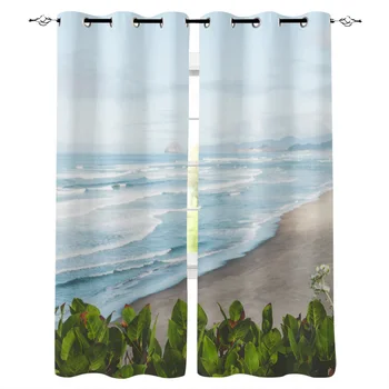 

Coast Ocean Sky Green Leaves Scenery Window Curtains LivingRoom Kitchen Curtains Left and Right Biparting Open