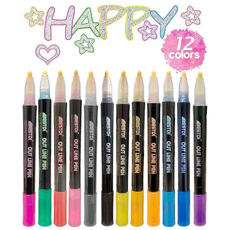 Permanent Marker Pen Marker Pens Color Marker Pens Permanent Marker Permanent Markers Pen Marker Paint Marker Pen Markers Pen Marker Pen Acrylic Paint Markers 12 Color Metal Paint Marker Pen set Double Line Pen Outline Marker Glitter for Drawing Painting Doodling School Supplies