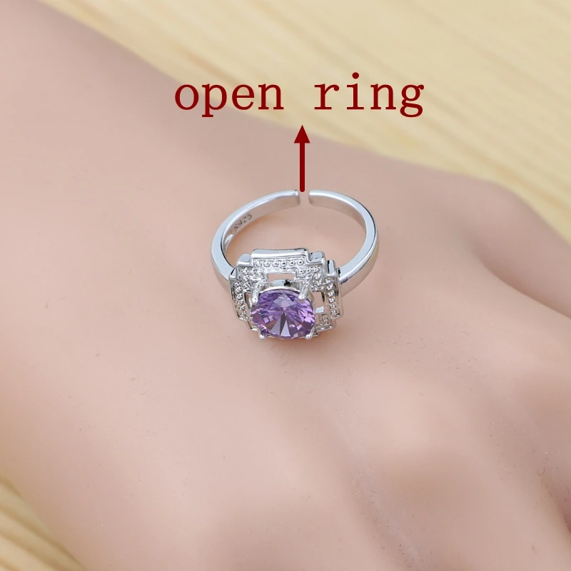 925 Sterling Silver Jewelry Set Round Amethyst Earrings Adjustable Ring Pendant Necklace Bracelet for Women jewelry set silver jewelry set
