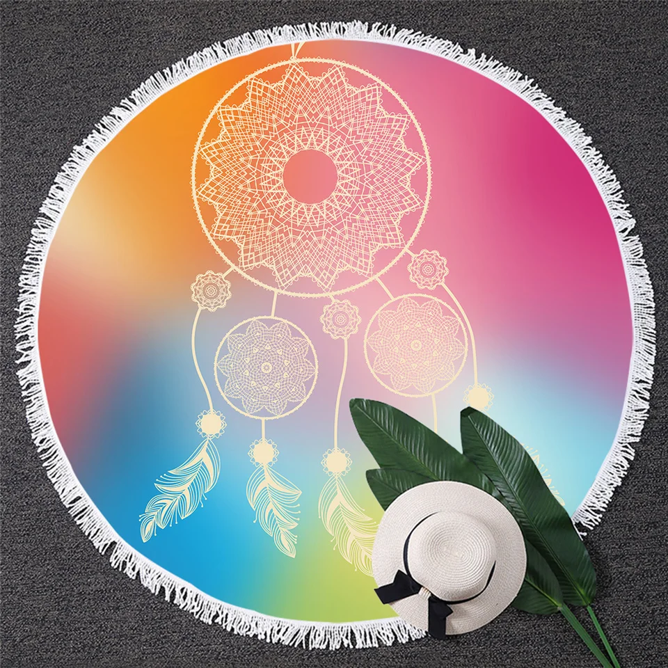BlessLiving Pink Horn Microfiber Towel Bathroom Unicorn Rainbow Beach Towel Round Watercolor Peony Blanket Dreamcatcher Tapestry