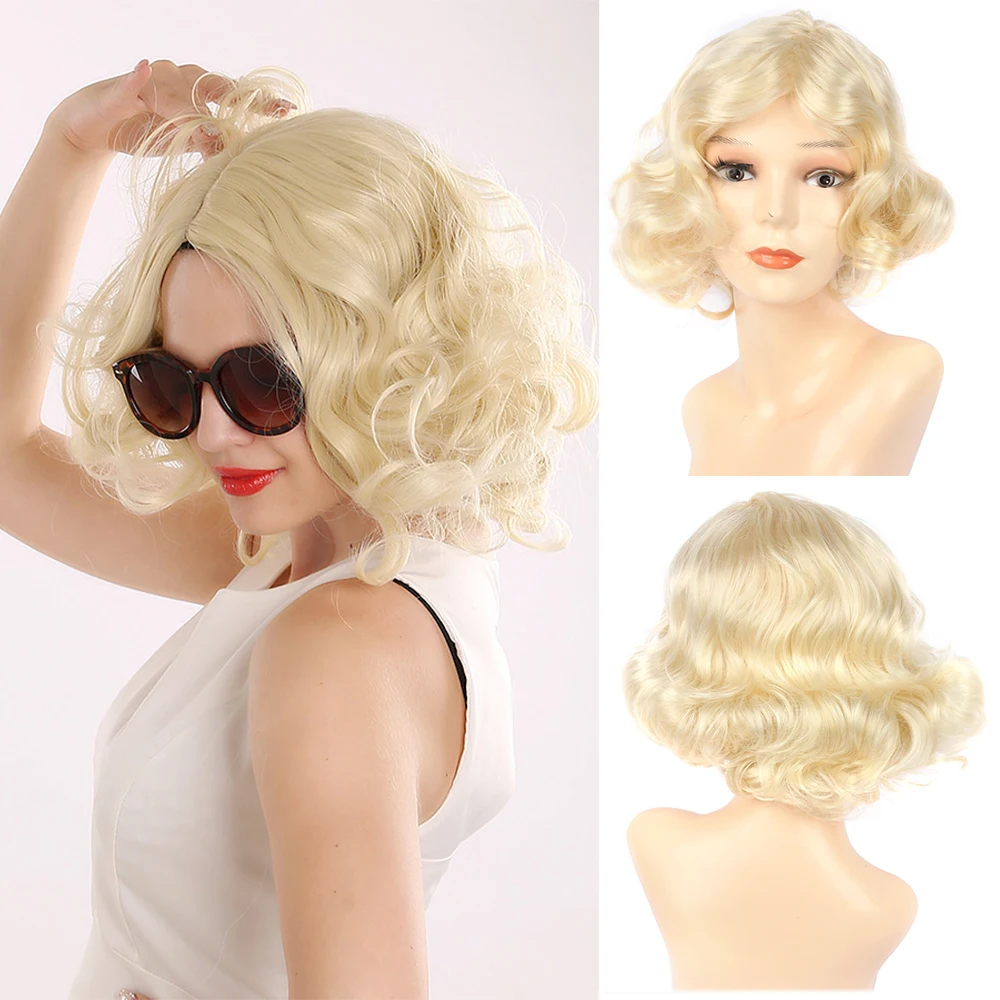 

LM Short Big Curly Wavy Layered Wigs for Women Cosplay Party Marilyn Costume Synthetic Fiber Platinum Blond Hair Halloween Wig
