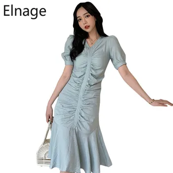 

Elnage 2020 New Solid Color V Neck Pleated Fishtail Mermaid Dress Summer Long Ruffled Trumpet Vestidos Women Clothing 5A350