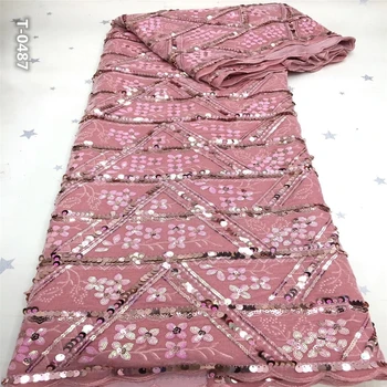 

Hot Sale Nigerian Net Lace Fabric 2020 High Quality France Mesh Lace Fabric Sequins African Cord Lace Fabric Peach Women Dress