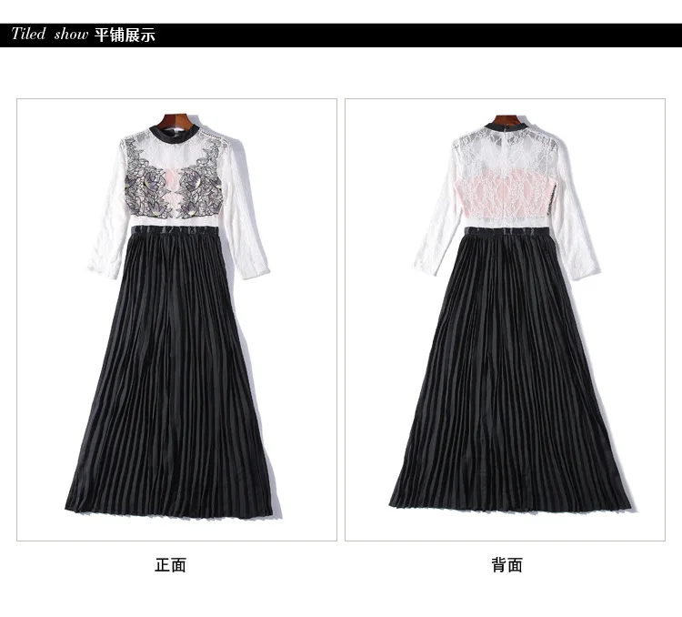 S-xl весенне-осеннее женское платье с цветочной вышивкой, белый кружевной топ, черное Плиссированное Платье, модное винтажное Элегантное макси-платье