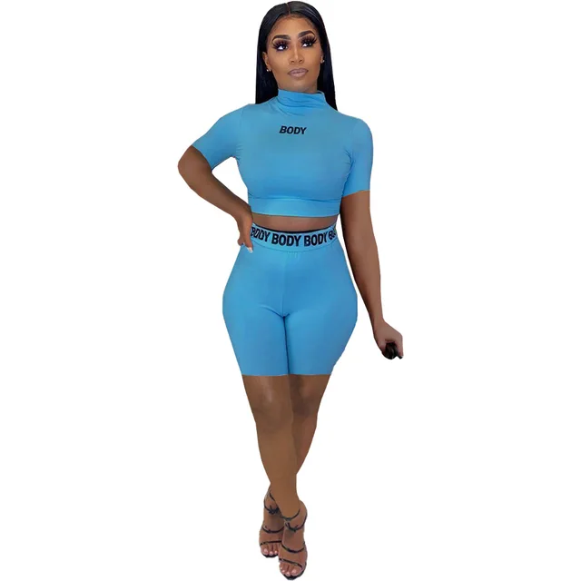 Fashion Women 2PCS  Outfit Solid  With Letters Short Sleeves Turtleneck Neck Vest Tops Short Pants Two Pieces Sets 2021 Summer 4