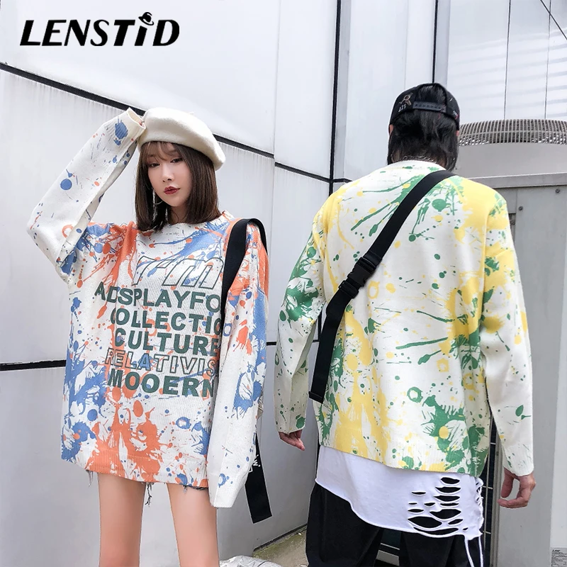 LENSTID Осень Harajuku ретро галстук краситель вязаный свитер с буквенным принтом мужской хип хоп Уличная Мужская мода пуловер Свитера