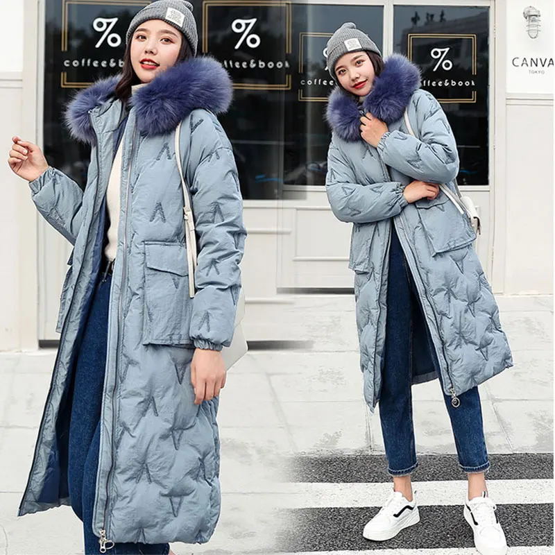 Длинное меховое пальто с капюшоном, зимнее пуховое пальто с V вышивкой, Женская куртка оверсайз, ватные парки с хлопковой подкладкой, ветрозащитные рукава - Цвет: BLUE