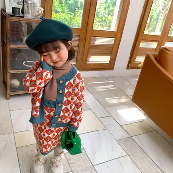 

Children Clothing 2020 Autumn and Winter Long Sleeve Knitted Cardigan Two-Pieces Set Girls Sling Skirt with Coat Sweater Suits