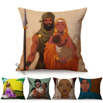

Cartoon Muslim Character Image Pattern Middle East Folk Life Style Sofa Throw Pillows Cotton Linen Home Decoration Cushion Cover