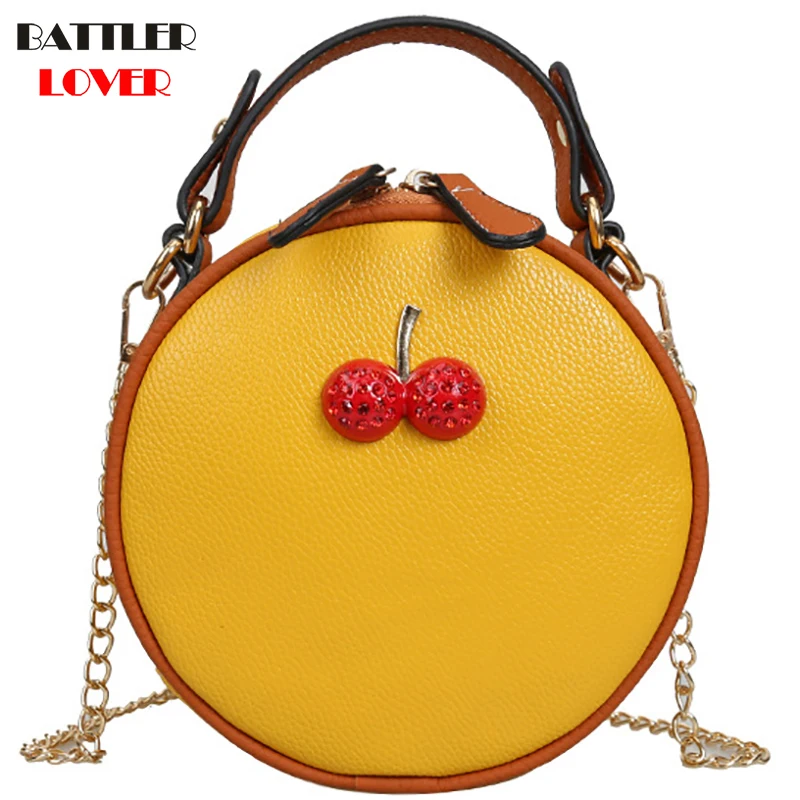 NEW Circular Cherry Design Women Shoulder Bag Leather Crossbody Messenger Bags Female Round Bolsa Bag Fashion Ladies Handbag