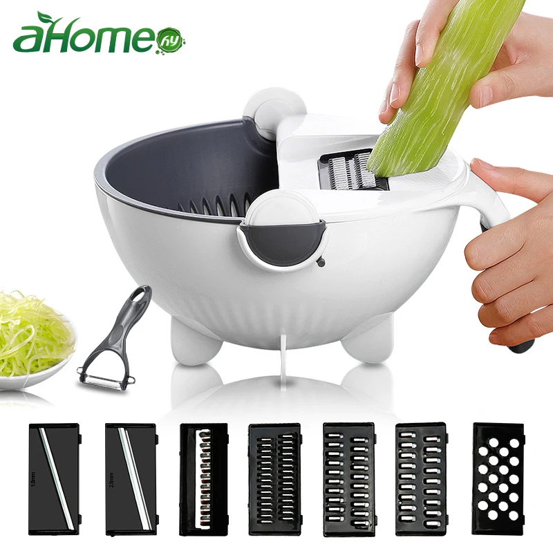 Tanie Ręczna krajalnica ociekacz miska urządzenie do krojenia warzyw i owoców przyrząd kuchenny mandolina Chopper tarka z obrotowym kosz spustowy Cutter