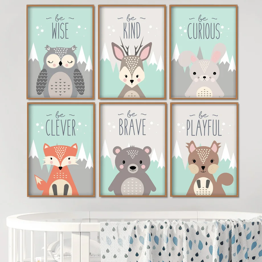 

Owl Rabbit Bear Fox Deer Nursery Wall Art Canvas Painting Cartoon Posters And Prints Wall Pictures Girl Boy Baby Kids Room Decor