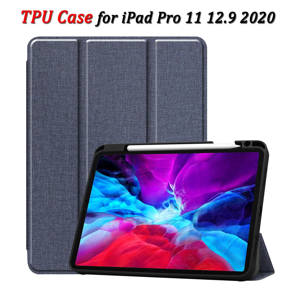 

For Apple iPad Pro 11 Case 2020 with Pen Holder TPU Cloth Pattern Smart Wake Sleep Tablet Flip Cover For iPad Pro 12.9 Case 2020