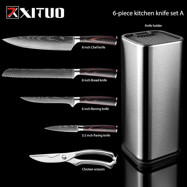 XITUO Chef knife 1-10 Pcs Set Kitchen Knives Laser Damascus Pattern Sharp Japanese Santoku Knife Cleaver Slicing Utility Knife 6PCS  Holder Set A