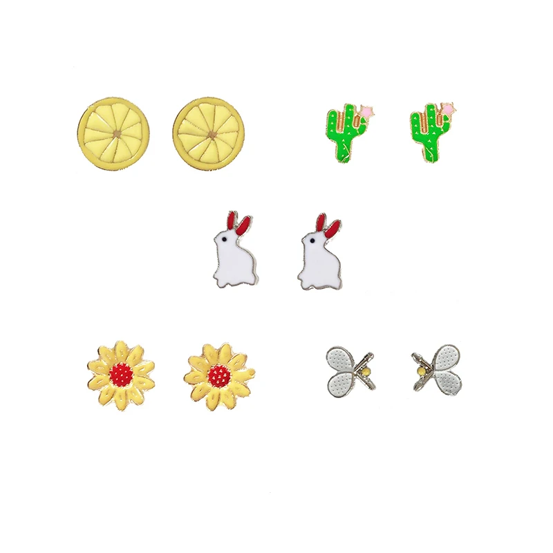 Cute Cartoon Rabbit Scissors Cactus Chrysanthemum Orange Metal Stud Earrings Fashion Charm Women's Trendy Jewelry Gift | Украшения и
