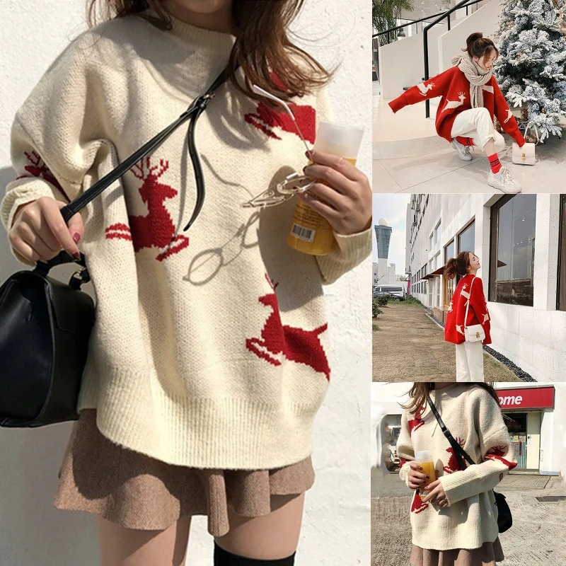 

Women Long Sleeves Round Neck Knitted Sweater Solid Color Fawn Pattern Pullover