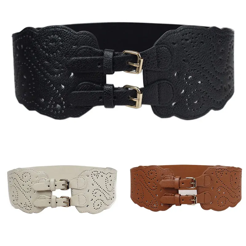 

Female Leather Corset Belt Vintage Elastic Wide Waist Belt Adjustable Belt Double Buckle For Women Dress Stretch Waist Belt