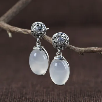 

goldeer wang S925 Silver Vintage Fashion Silver white jade sui Ear Stud Wholesale Women's Thai Silver Simple Elegant Ear Stud