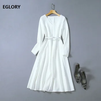 

New Korean Fashion Dress 2019 Autumn Style Women V-Neck Long Sleeve Mid-Calf Length Black White Elegant Party Ladies Dress Sweet