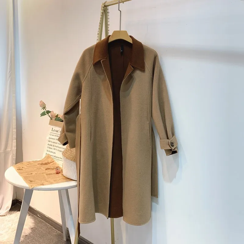 

2020 Caramel Belt Long 100% Wool Coats High Quality Women Loose Oversize Double Side Woolen Winter Coat Overcoat Outerwear