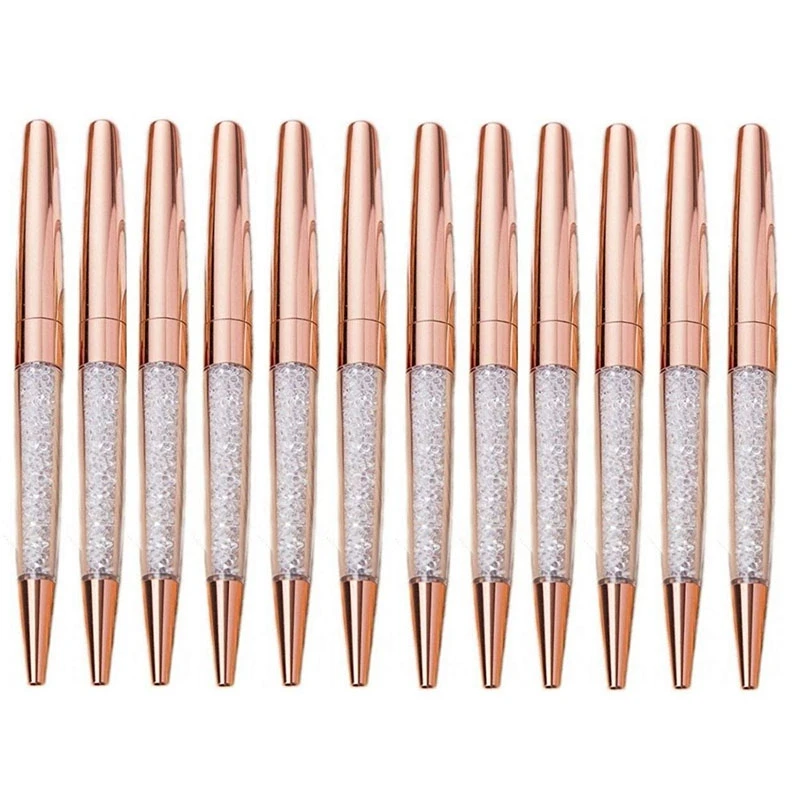 

100Pcs/Lot Rose Gold Pen Bling Diamond Pens Fine Black Ink Crystal Ballpoint Pen Wedding Office Metal Roller Ball Pen Gift